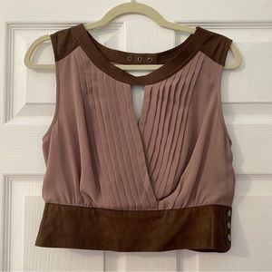 Double Zero Pleated Cross Front And Back Suede Leather Trim Crop Top
